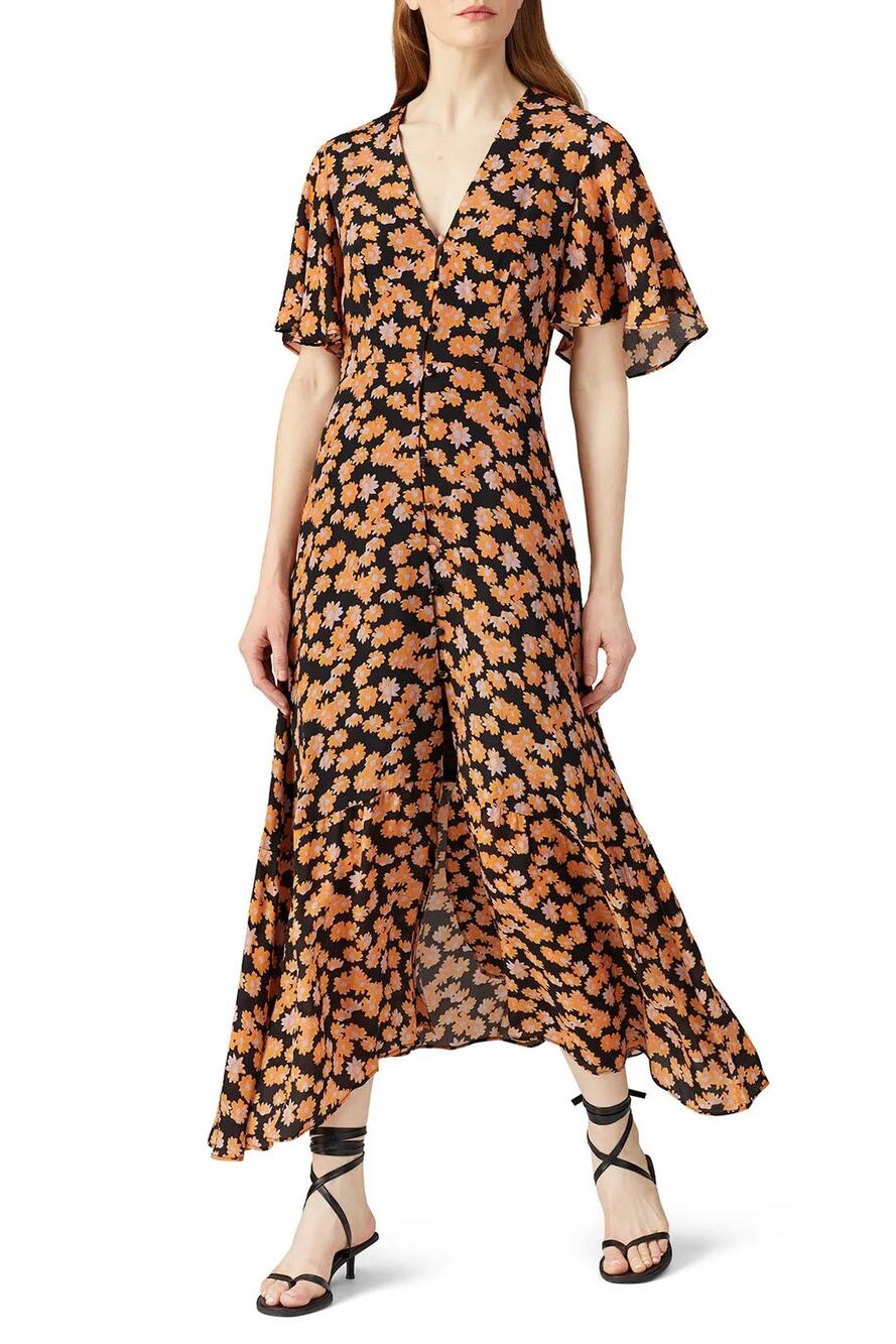 Veda Floral Midi Dress Montana Dress XS/Small Black Orange Flared Short Sleeves